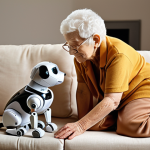 **

A cute robot dog or cat interacting affectionately with an elderly person in their home. The robot pet is nuzzling or comforting the person. Focus on conveying companionship and reducing loneliness.

**