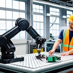**

Factory floor with collaborative robot arm assembling electronic components, side-by-side with a human worker. Focus on the robot's precision and the worker's focus on a more complex task. Bright, modern factory setting.

**