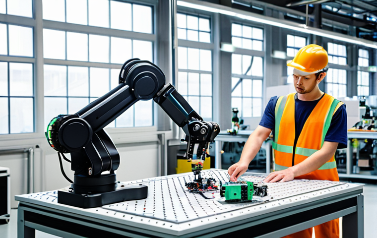 **
Factory floor with collaborative robot arm assembling electronic components, side-by-side with a human worker. Focus on the robot's precision and the worker's focus on a more complex task. Bright, modern factory setting.
**