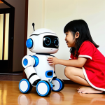 **

A brightly colored, friendly-looking companion robot interacting with a child in a modern Vietnamese home. The robot has smooth, rounded edges and is made of non-toxic materials. Focus on the robot's sensors detecting obstacles and avoiding collisions. Show the robot's gentle movements and limited speed. The background should be a clean, well-lit living room with typical Vietnamese furniture and decorations. Keywords: *an toàn cho trẻ em* (safe for children), *thiết kế thân thiện* (friendly design), *robot gia đình* (family robot), *vật liệu an toàn* (safe materials), *cảm biến* (sensors).

**