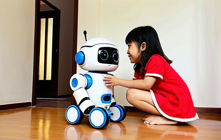 **
A brightly colored, friendly-looking companion robot interacting with a child in a modern Vietnamese home. The robot has smooth, rounded edges and is made of non-toxic materials. Focus on the robot's sensors detecting obstacles and avoiding collisions. Show the robot's gentle movements and limited speed. The background should be a clean, well-lit living room with typical Vietnamese furniture and decorations. Keywords: *an toàn cho trẻ em* (safe for children), *thiết kế thân thiện* (friendly design), *robot gia đình* (family robot), *vật liệu an toàn* (safe materials), *cảm biến* (sensors).
**