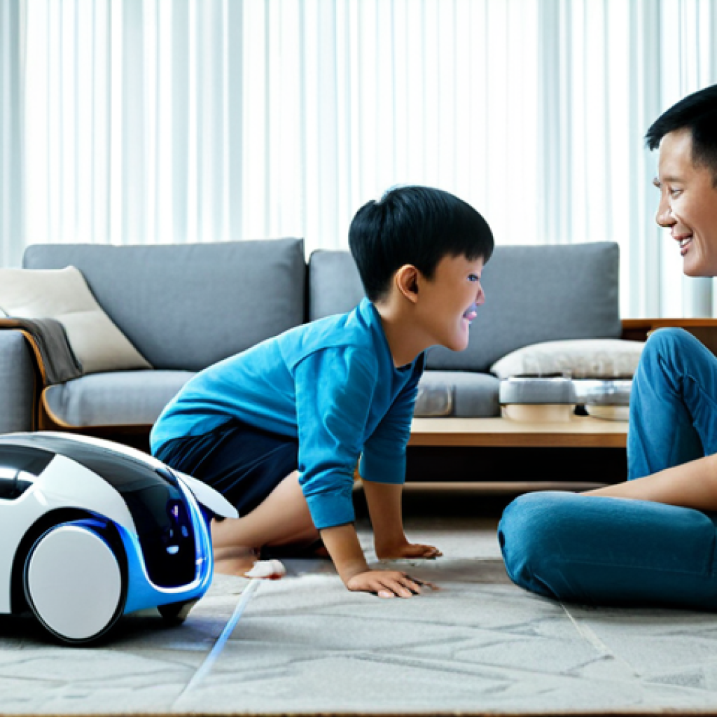 A professional Vietnamese family, consisting of a father, mother, and their child (aged 8-10), is depicted in a brightly lit, modern living room. They are cheerfully interacting with a sleek, futuristic robot pet. All family members are fully clothed in modest, comfortable, and appropriate everyday attire. The robot pet features subtle, high-tech sensors that emit a faint, almost imperceptible blue glow, hinting at its data collection capabilities. The living room is decorated with contemporary Vietnamese elements, featuring clean lines and warm tones. The image captures a candid, family-friendly moment with natural poses. Professional photography, high-resolution, sharp focus, perfect anatomy, correct proportions, well-formed hands, proper finger count. Safe for work, appropriate content, fully clothed, family-friendly.