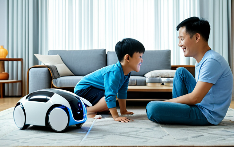 A professional Vietnamese family, consisting of a father, mother, and their child (aged 8-10), is depicted in a brightly lit, modern living room. They are cheerfully interacting with a sleek, futuristic robot pet. All family members are fully clothed in modest, comfortable, and appropriate everyday attire. The robot pet features subtle, high-tech sensors that emit a faint, almost imperceptible blue glow, hinting at its data collection capabilities. The living room is decorated with contemporary Vietnamese elements, featuring clean lines and warm tones. The image captures a candid, family-friendly moment with natural poses. Professional photography, high-resolution, sharp focus, perfect anatomy, correct proportions, well-formed hands, proper finger count. Safe for work, appropriate content, fully clothed, family-friendly.