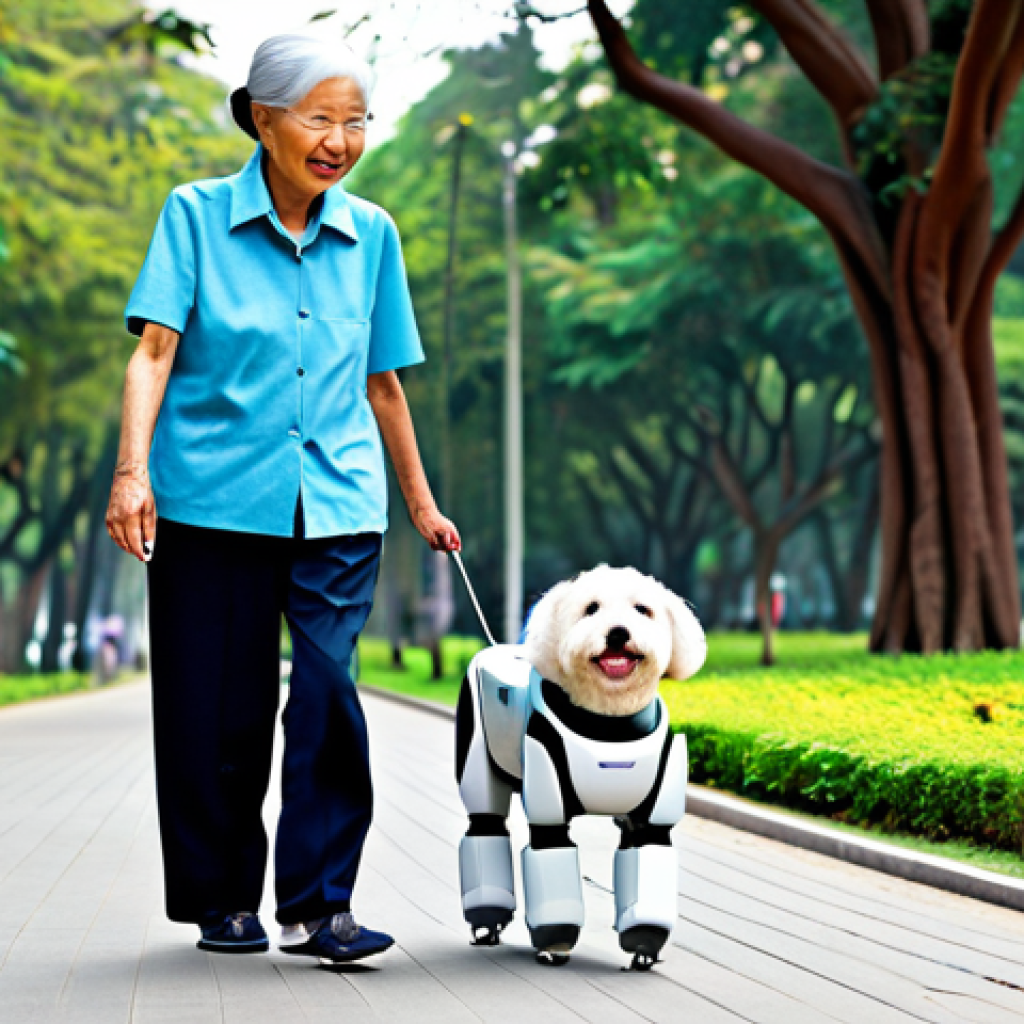 **
A senior citizen in Vietnam, wearing comfortable, modest clothing, walking in a park with a robotic dog. The robotic dog is designed to look friendly and approachable. The scene is bright and cheerful, showcasing the bond between the elderly person and their robotic companion. Emphasis on promoting healthy activity and companionship. Safe for work, appropriate content, fully clothed, professional, modest, family-friendly, perfect anatomy, correct proportions, natural pose, well-formed hands, proper finger count, natural body proportions.
**