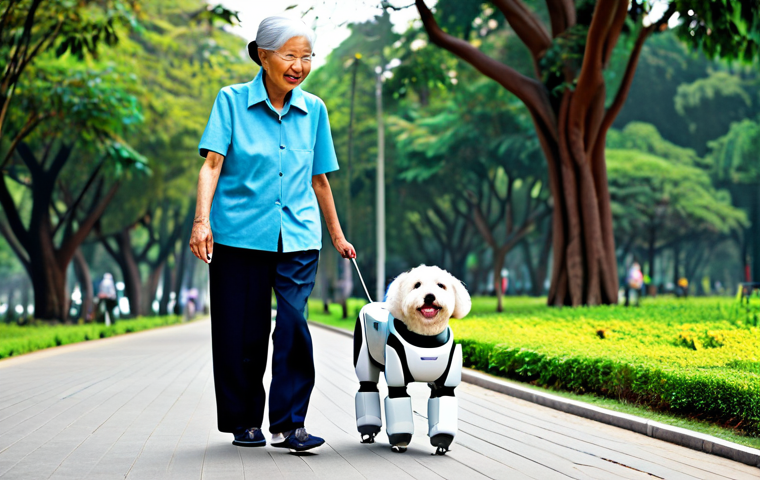 **
A senior citizen in Vietnam, wearing comfortable, modest clothing, walking in a park with a robotic dog. The robotic dog is designed to look friendly and approachable. The scene is bright and cheerful, showcasing the bond between the elderly person and their robotic companion. Emphasis on promoting healthy activity and companionship. Safe for work, appropriate content, fully clothed, professional, modest, family-friendly, perfect anatomy, correct proportions, natural pose, well-formed hands, proper finger count, natural body proportions.
**