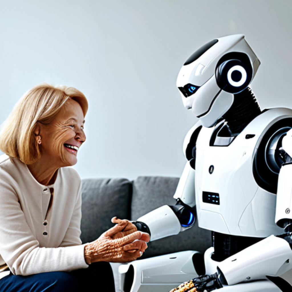 **
"A senior citizen interacting with a companion robot in a bright, modern living room. The robot is designed with a friendly, approachable appearance. The senior is fully clothed in comfortable, modest attire, smiling and engaged in conversation with the robot. The scene evokes a sense of warmth and connection. Safe for work, appropriate content, fully clothed, professional, family-friendly, perfect anatomy, correct proportions, natural pose, well-formed hands, proper finger count, natural body proportions."
**