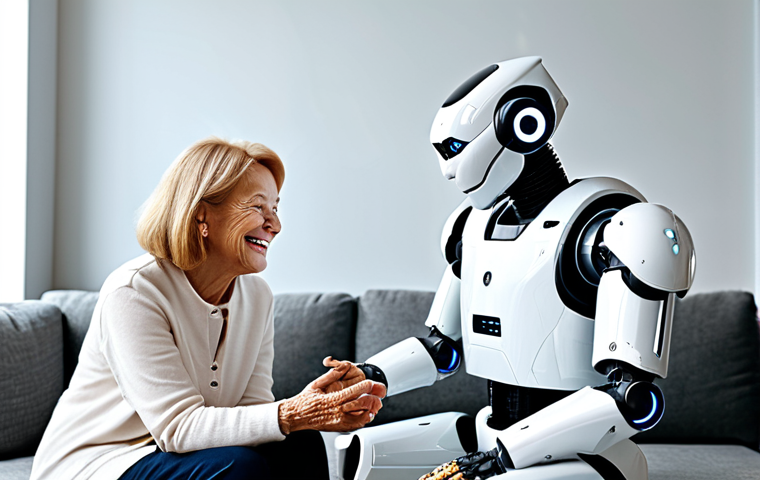 **
"A senior citizen interacting with a companion robot in a bright, modern living room. The robot is designed with a friendly, approachable appearance. The senior is fully clothed in comfortable, modest attire, smiling and engaged in conversation with the robot. The scene evokes a sense of warmth and connection. Safe for work, appropriate content, fully clothed, professional, family-friendly, perfect anatomy, correct proportions, natural pose, well-formed hands, proper finger count, natural body proportions."
**