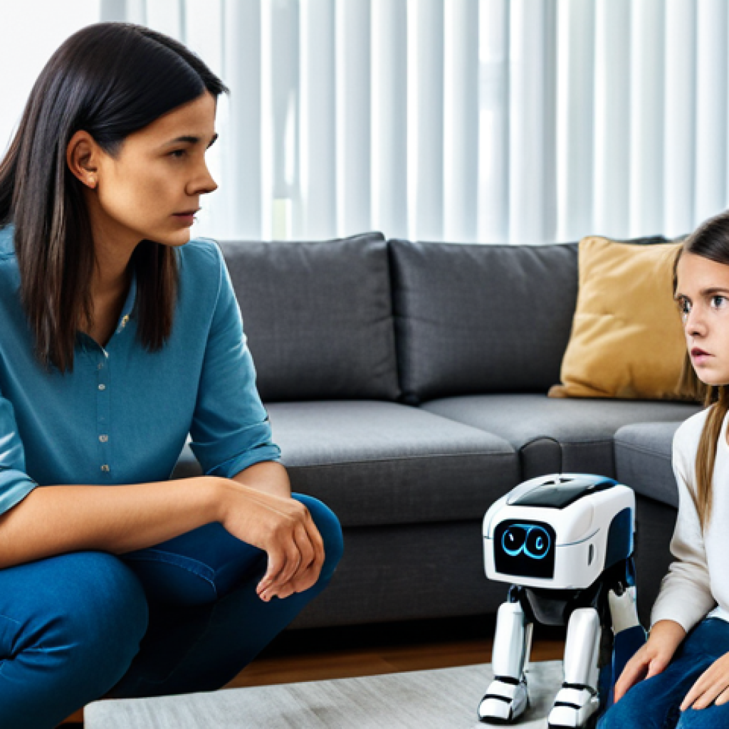 반려로봇의 기술적 한계 - **Prompt:** A skeptical family looking at a deactivated robot dog with a drained battery, in a moder...