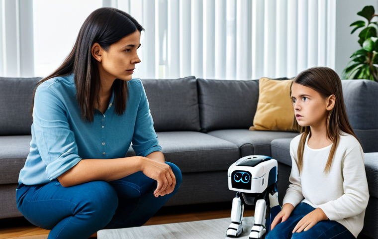 반려로봇의 기술적 한계 - **Prompt:** A skeptical family looking at a deactivated robot dog with a drained battery, in a moder...