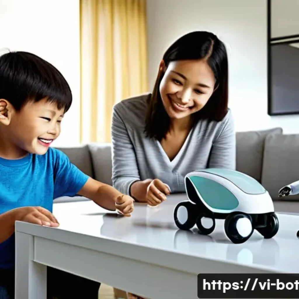 반려로봇의 생애 주기 관리 - **Prompt 1: Family Choosing a Robot Companion**
"A bright, modern living room bathed in warm, na...
