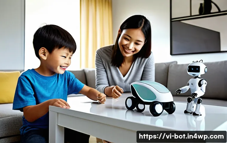 반려로봇의 생애 주기 관리 - **Prompt 1: Family Choosing a Robot Companion**
"A bright, modern living room bathed in warm, na...