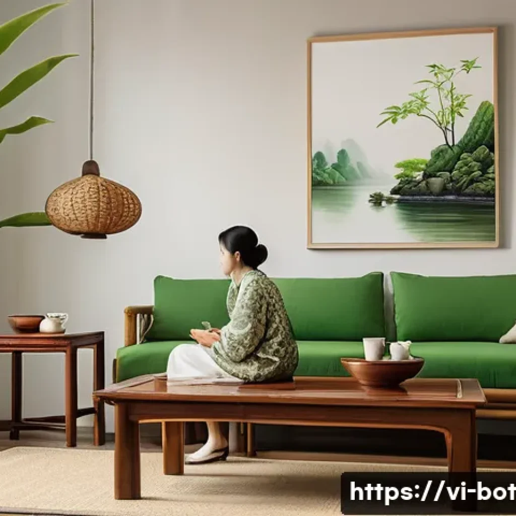 반려로봇의 정서적 지지 효과 - A cozy Vietnamese living room scene in the evening, featuring a middle-aged woman sitting comfortabl...