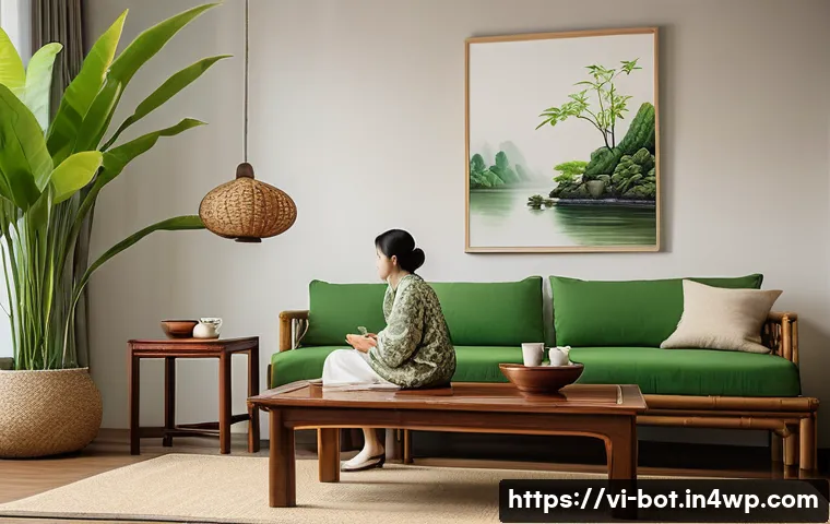 반려로봇의 정서적 지지 효과 - A cozy Vietnamese living room scene in the evening, featuring a middle-aged woman sitting comfortabl...