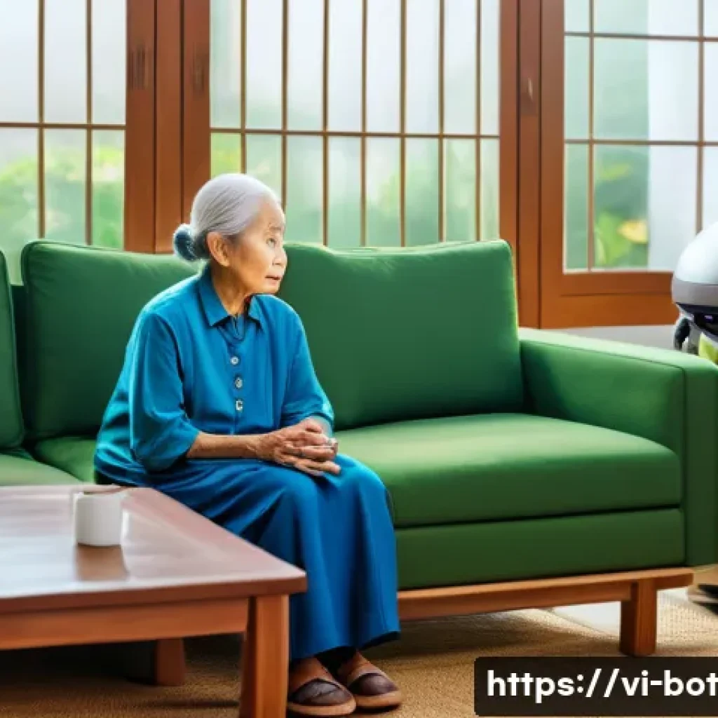 반려로봇의 심리적 안정 효과 - A cozy indoor scene featuring an elderly Vietnamese woman sitting comfortably in a modern living roo...