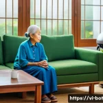 Home 22 반려로봇의 심리적 안정 효과 - A cozy indoor scene featuring an elderly Vietnamese woman sitting comfortably in a modern living roo...
