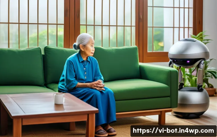 반려로봇의 심리적 안정 효과 - A cozy indoor scene featuring an elderly Vietnamese woman sitting comfortably in a modern living roo...