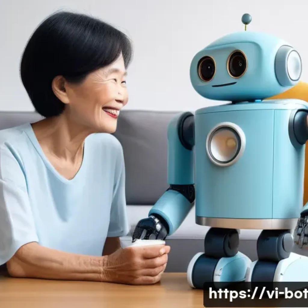 반려로봇의 디자인 혁신 - A friendly companion robot designed for a cozy Vietnamese household interior, featuring smooth, roun...