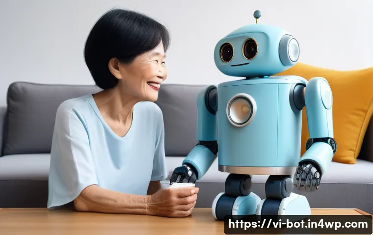 반려로봇의 디자인 혁신 - A friendly companion robot designed for a cozy Vietnamese household interior, featuring smooth, roun...