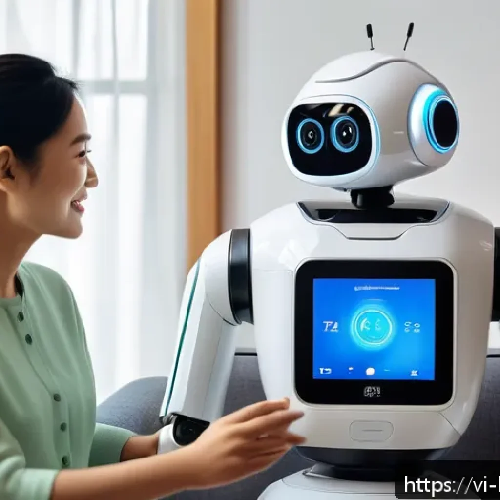 스마트홈과 반려로봇의 결합 - A modern Vietnamese family living room scene featuring a friendly home companion robot interacting n...