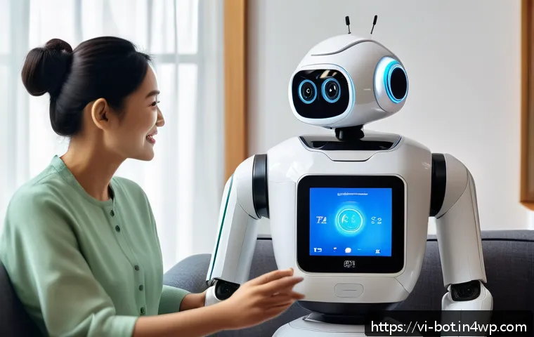 스마트홈과 반려로봇의 결합 - A modern Vietnamese family living room scene featuring a friendly home companion robot interacting n...