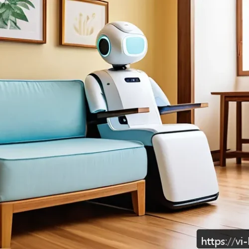 Home 31 반려로봇을 선택하는 방법 - A modern, compact companion robot designed for elderly care in a cozy Vietnamese living room setting...