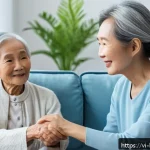Home 18 반려로봇과 사람의 관계 심리학 - A warm, modern Vietnamese family living room scene with an elderly Vietnamese grandmother sitting co...