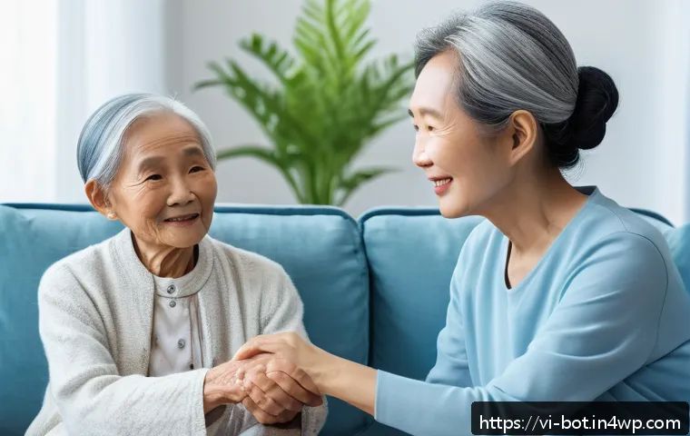 반려로봇과 사람의 관계 심리학 - A warm, modern Vietnamese family living room scene with an elderly Vietnamese grandmother sitting co...